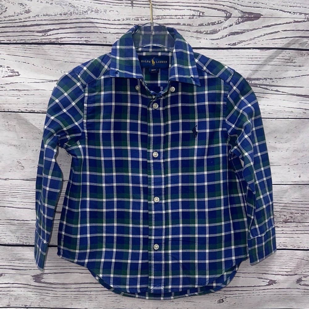 Ralph Lauren Boys Blue Green Long Sleeve Plaid Shirt Size 2/2t